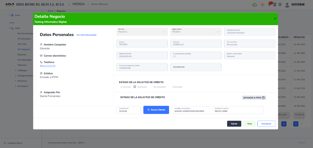 Detalles de negocio CRM